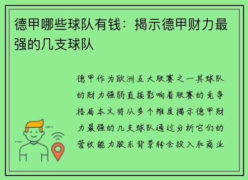 德甲哪些球队有钱：揭示德甲财力最强的几支球队